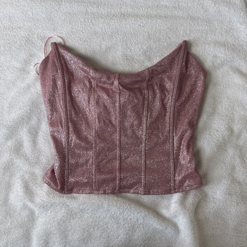 Fashion Nova Womens Pink Glitter Corset Top M Strapless Crop Zip Back Boned